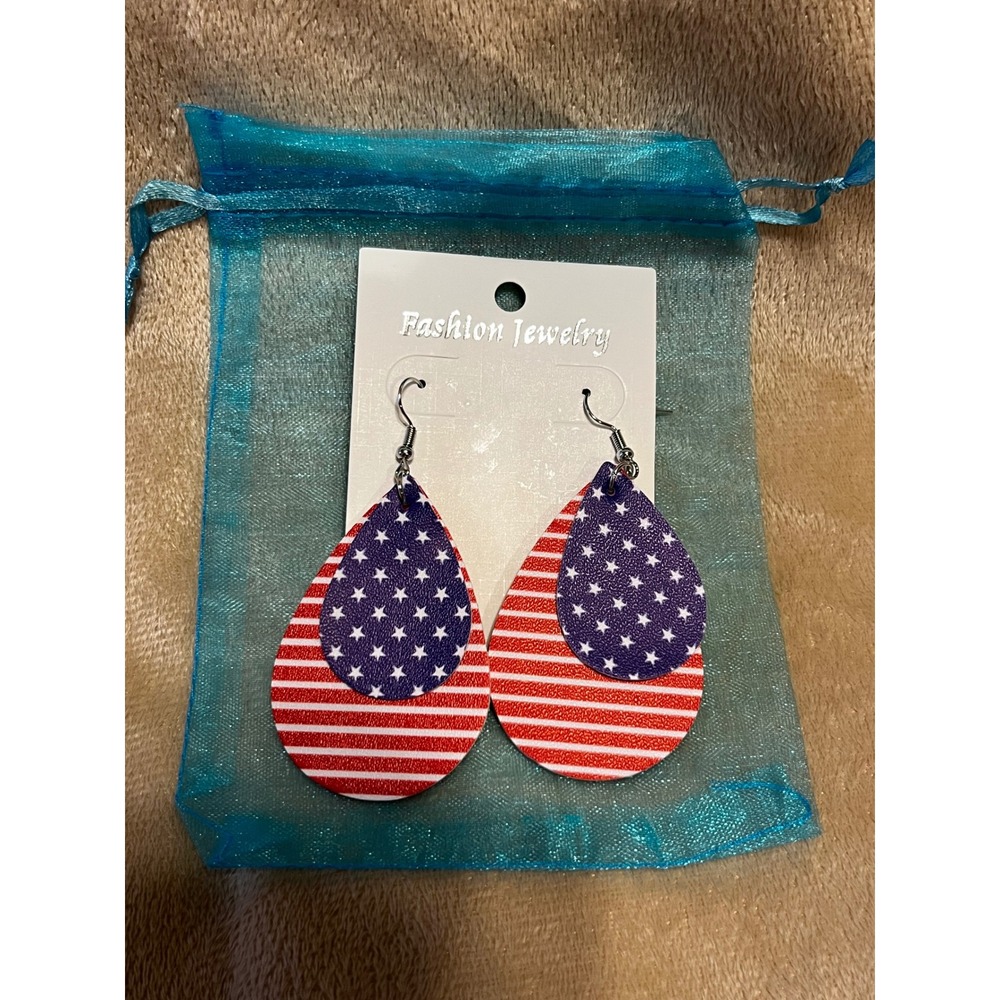Patriotic Faux Leather Teardrop Earrings USA Flag